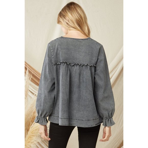 Entro Ruffled V-Neck Top, Black - Picture 3 of 6